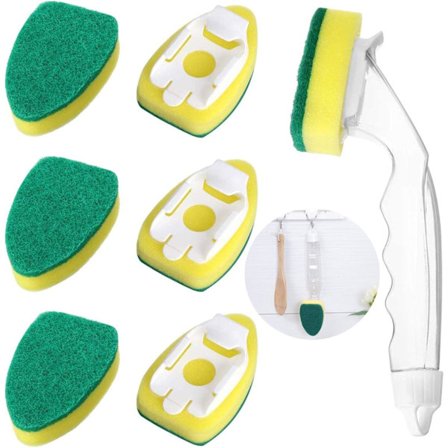 Diskborste med Svamp - Diskborste Skrubb med 1 Diskborste & 7 Påfyllningsbara Svamp Huvuden, Återanvändbara Köksrengöringssvampar, Rengöring