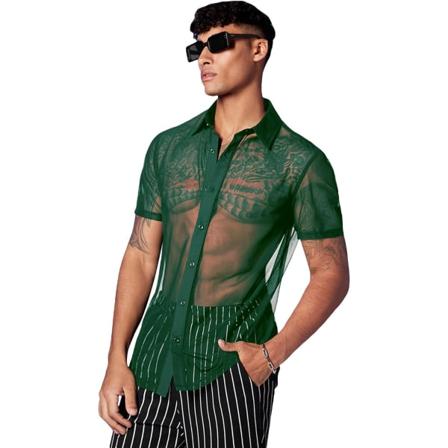 dusa herr genomskinlig mesh knapp upp skjorta se genom kortärmad topp mörkgrön medium