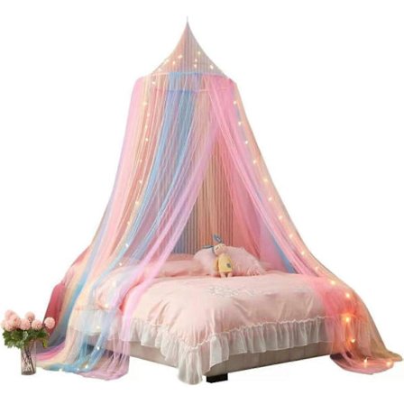 Sengehimmel til piger, regnbuehimmel til seng, prinsesse myggenet legetelt til børn, hængende sengebeskyttelse til pigeværelsesindretning (regnbue)