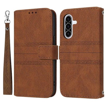 Pung Etui i Skin-Touch Læder med Tryk til Samsung Galaxy A17 5G A26 5G med Håndledsrem Brown