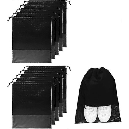 10 stk. Rejsesko Taske Snøre Non-Woven Sko Opbevaringsposer med Gennemsigtigt Vindue til Daglig og Rejsebrug Sort LKM
