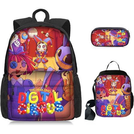 Piece Set Digital Circus Rygsække Letvægts Skole Tasker til Mænd og Kvinder Frokost Tasker Blyant Tasker Awesome Digital Circus Anime Rygsække