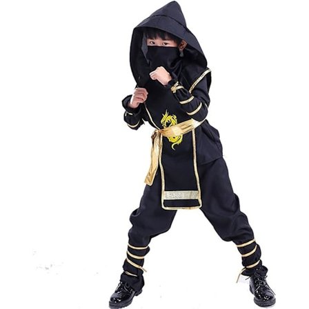 Ninja Girl Boy Cosplay Anime Ninja Kostyme Barn Drage Svart Gull Hette Maske