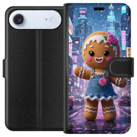 Kompatibelt Plånboksfodral till Apple Apple iPhone 17 Air Pepparkaksgubbe i stad - gulligt pepparkaks motiv i nattljus med rosa blomma, söt vinter o