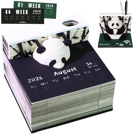 2026 Panda 3D Avrivningskalender med Pennholder - Kreativ Ukentlig Papirskulptur - 8x8x6cm Gave