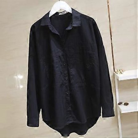 Vit skjorta i ren bomull med dubbla fickor, dam, långärmad blus, vår- och hösttoppar, skjortor med oregelbunden krage och knappar (XL svart)