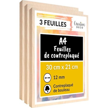 Plywood-paneeli - CREATIVE DECO - 3 kpl levyjä - Luonnollinen koivu - 300x210x12mm - Laserleikkaus