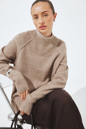 NA-KD Strickpullover aus Wollmischung mit Rundhalsausschnitt - Oversize Pullover - Beige - L