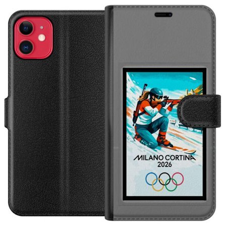 Kompatibelt Lommeboketui til Apple iPhone 11 Retroplakat Cortina Milano 2026 med fjell, vintersportsutøvere, italienske trikolor, Milano-katedralen og