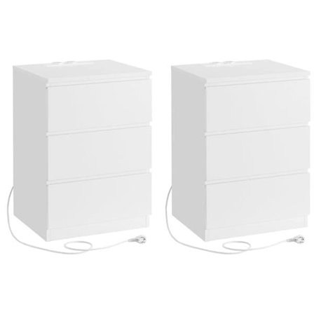 Yöpöytä, jossa 3 laatikkoa, virta- ja USB-pistorasia 2-pack - Valkoinen
