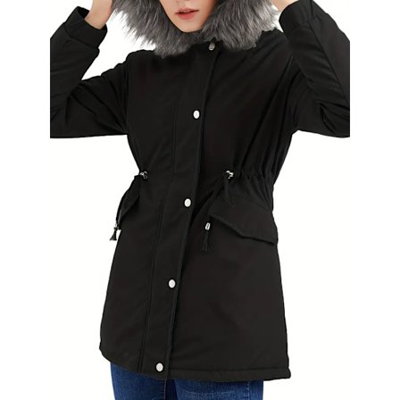 Varm hettejakke med fluffy kant, avslappet langermet vinterjakke med snøring, dameklær