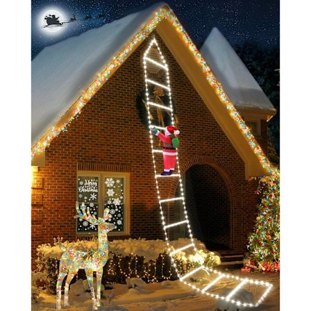 3M Stige Julelys med Julenissen - LED Utendørs Julelys, 8 Moduser Julelys for Innendørs Utendørs Julepynt (Hvit)