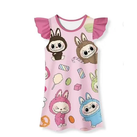 Tyttöjen sarjakuva mekko, jossa on lepattavat hihat, lasten pyöreä pääntie, syntymäpäiväjuhla-asut