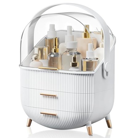 Makeup organizer boks, kosmetiktaske, makeup organizer boks til bordplade med skuffer og transparent låg, til brug i soveværelse og badeværelse.