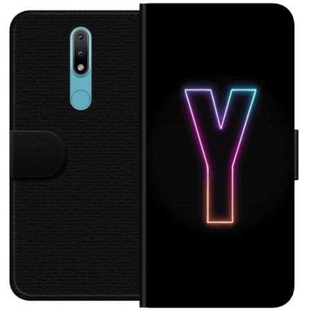 Yhteensopiva Lompakkokotelo Nokia Nokia 2.4 Minimalistinen neonkirjain Y värinvaihtuvassa valossa mustaa taustaa vasten