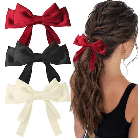 Hårspænder i satin til kvinder, 3-pak store hårsløjfer med lange haler - sorte og røde hårspænder, elegant hårtilbehør