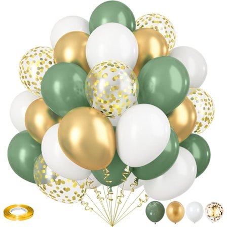 Salviagrön och Guld Ballonger, 12 Tum Olivgrön Vit Metallic Guld Konfetti Latex Ballonger Set