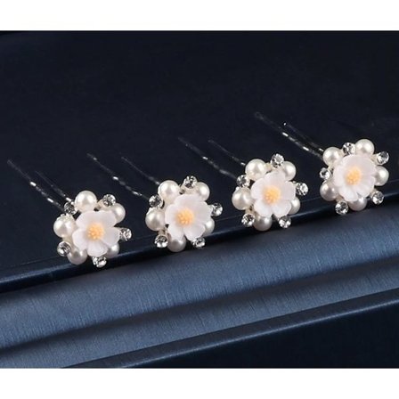 4 st Hårnålar Hårsmycken Hårdekoration till Bröllop & Fest - Vit Blomma, Pärlor & Strass