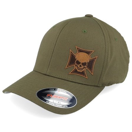 Born To Ride - Grün flexfit Cap - Maltese Cross Skull Brown Patch Olive Flexfit @ Hatstore