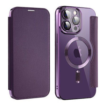 Kotelo iPhone 15 Pro Max -puhelimelle, violetti, langaton lataus, lompakkomallinen, magneettinen korttipaikka, nahkaa