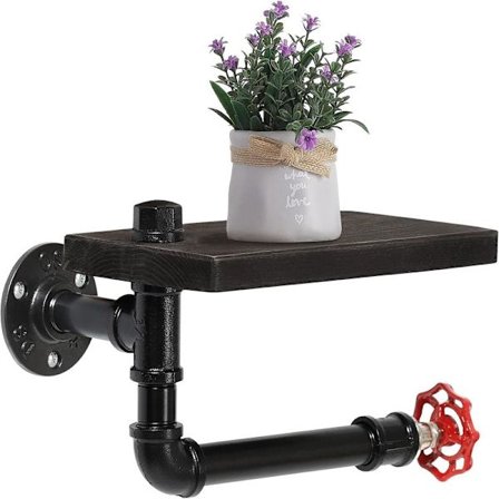 Industriel Toiletpapirholder, Vægmonteret Toiletpapirholder af Støbejernsrør med Træhylde til Badeværelse, Vaskerum Rulleholder