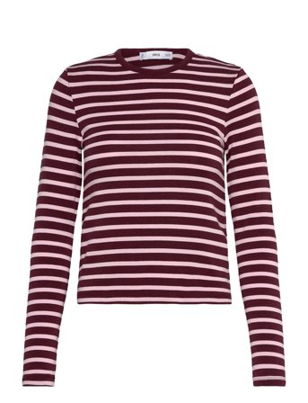 Mango Long-Sleeved Striped T-Shirt - Burgundy - XS