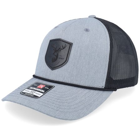 Wild Spirit - Black Deer Shield Patch Heather Grey/Black Rope A-Frame Trucker Trucker Grey Cap - @ Hatstore