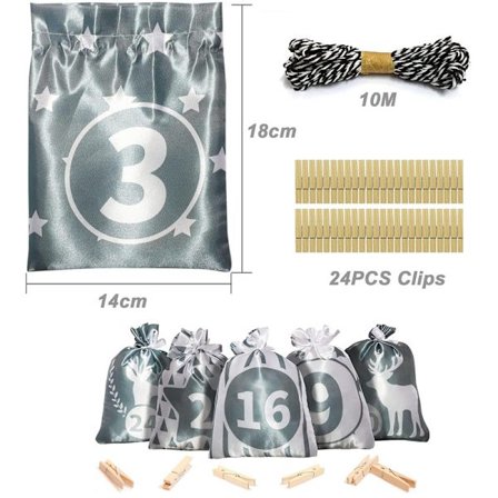 Julkalender i Satin med Dragkedja, 24 St, Grå