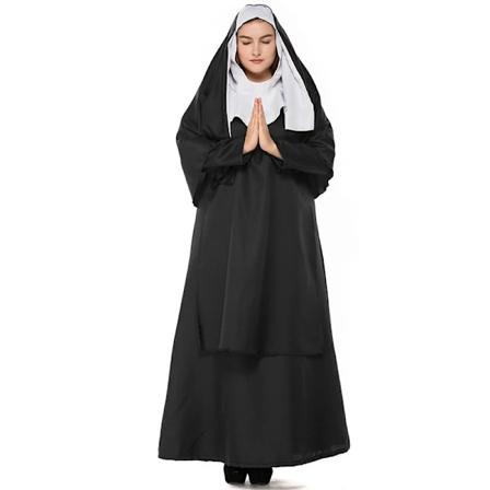 Nunna Syster Habit Kostym Halloween Kvinnor Kristna Missionär Katolska Cosplay Karneval Fantasia Maskeraddräkt Svart Lång Klänning M Women