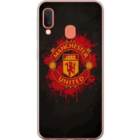 Kompatibelt Mobildeksel til Samsung Samsung Galaxy A20e Manchester United logo i rød og gul farge med røff sportslig bakgrunn