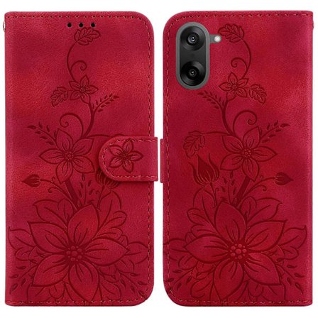 For OnePlus Nord CE5 5G Stand Case Lily Flower Præget Læder Telefon Cover med Håndledsrem Rød