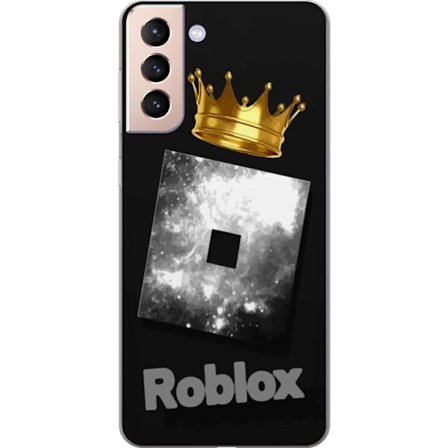 Kompatibel Mobilcover til Samsung Samsung Galaxy S21 Minimalistisk sort og sølvfarvet Roblox-symbol med gylden krone og luksuriøs gamer-æstetik på
