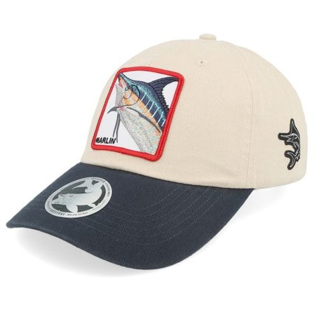 Skillfish - Beige unconstructed Keps - Marlin Box Stone Washed Stone/Navy Dad Cap @ Hatstore