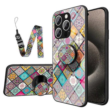 iPhone 16 Pro Max -kotelo, jalusta, etninen kuvio, karkaistu lasinen puhelinkuori hihnalla