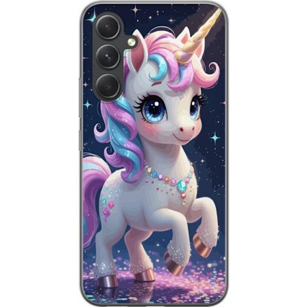 Yhteensopiva Puhelinkuori Samsung Galaxy A55 Söpö yksisarvinen, jossa on suuret silmät, pastellivärinen harja ja säihkyvät korut satumaisessa yömaisem