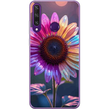 Kompatibelt Mobildeksel til Huawei Y6p Irideserende blomst med glitrende kronblad i rosa lilla og gull mot myk bokeh bakgrunn