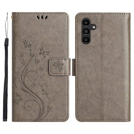Samsung Galaxy S26 Plus Plånboksfodral Konstläder Fjäril Blomma - Grå