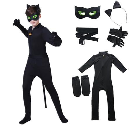 Lasten musta kissa puku Boys Cosplay Noel Bodysuit maskilla, korvalla, häntällä -ge 110(105-115CM)