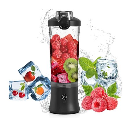 Bærbar blender til smoothies og shakes, 600 ml kapacitet, 6 rustfri stålblad, 4000 mAh batteri, USB-genopladelig (sort)