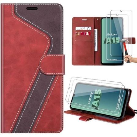 Etui til Samsung Galaxy A15 5G-4G, rød, tofarvet beskyttelsesmønstret PU-læder med kortlomme og støtteben + 2 hærdede briller Rödbrun