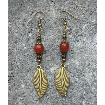 Earrings - Leaf - Bead - Amber - Bronze