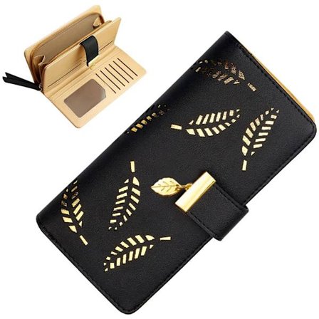 Nahkainen pitkä lompakko, söpö naisten nahkainen lompakko, naisten muodikkaat pitkät lompakot, naisten lompakko, kytkinkotelo, lehden riipus, 