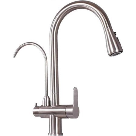 3-veis kjøkkenkran med uttrekkbar hånddusj, rustfritt stål, teleskopisk 3-i-1 rent vann, direkte drikke, varmt og kaldt vann, roterende børstet 