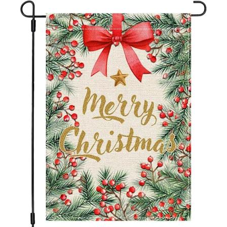 Merry Christmas -puutarhalippu 12x18 tuumaa, kaksisivuinen, joulupunainen lehmuksen marja joulu talvi loma piha pellava ulkokoristelippu