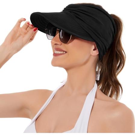 Solhatte til kvinder UV-beskyttelse Solskygge Bredskygget Sommerhatte med hestehale Black