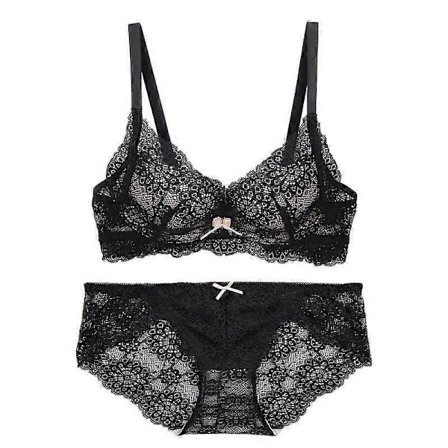 Sexy blondebroderi uten stålring komfortabel samlende undertøys-BH-sett (svart)