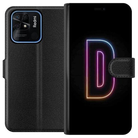 Kompatibel Tegnebogsetui til Xiaomi Xiaomi Redmi 10C Minimalistisk neonbogstav D i farveskiftende lys mod sort baggrund i moderne digital design