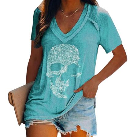 Kvinnor Skull Print Lös Kortärmad Pullover Djup V-ringad T-shi