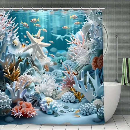 Blå Ocean Bruseforhæng med Muslinger & Søstjerner, Polyester, Høj Kvalitet, 12 Kroge, Badeværelsesforhæng