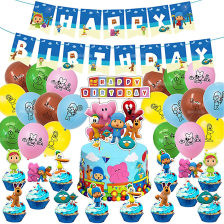 Pocoyo tema fødselsdagsfest dekorationssæt inklusive banner, kage, cupcake topper og ballon sæt